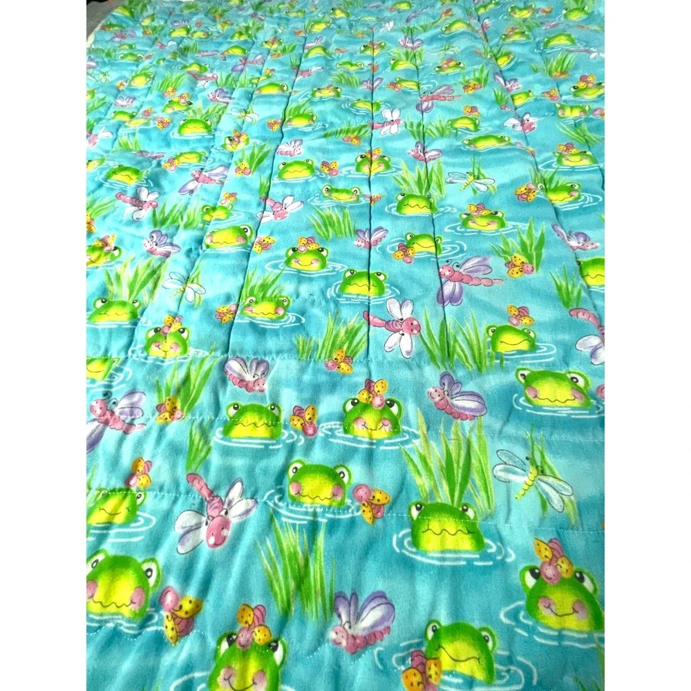 Handmade Quilt Kids 41x31 Green Pink Double Sided Frog Turtle Dragonfly Boho